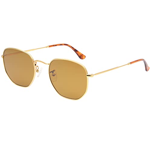 Image of Retro Glass Lens Hexagonal Sunglasses for Men Women Vintage Square Metal Frame Flat Lens Sun glasses