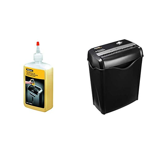 Fellowes - Aceite lubricante para destructoras de papel, 355 ml & AmazonBasics - Destructora de papel y tarjetas de crédito con recipiente separable (corte cruzado, capacidad de hasta 6 hojas)