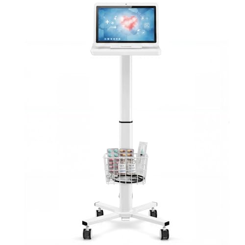 Image of 15.8 inch x 15.2 inch Medical Laptop Workstation Trolley Cart with Wheels Height Adjustable Medical Cart with Storage Basket Load for Dental Clinic, Home Office, Salon Hospital, Lab Use (Heavy Duty)