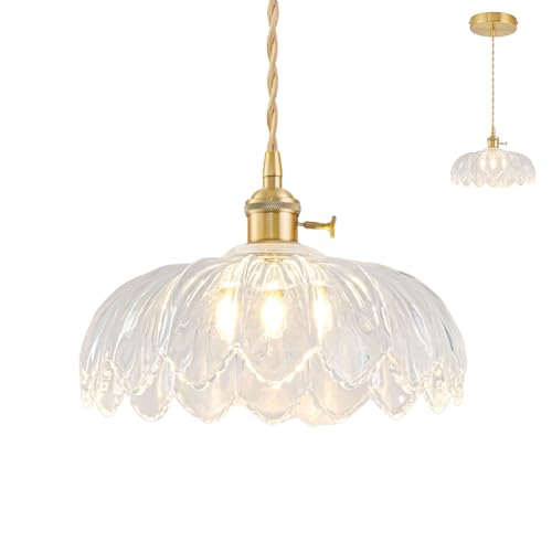 Lampadario a Sospensione Regolabile Trasparente per Isola Cucina, Lampadario Vintage in Ottone, Lampadario Vetro, Adatto per Camera da Letto, Sala da Vivere, Stanza da Pranzo, Lampadine Non Incluse