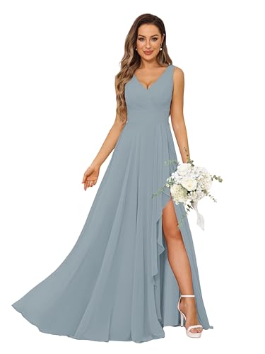 Women Chiffon Long Formal Wedding Guest Dresses with Pocket V Neck Sleeveless Ruched Maxi Bridesmaid Dress with Slit