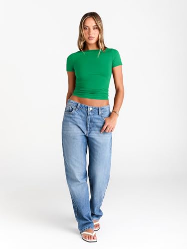Image of Trendy Queen Womens Boat Neck Tops Short Sleeve Shirts | Compression Basic Tops,Y2K Aesthetic Slim Fit,Professional Business Casual, Polished Teacher Outfits