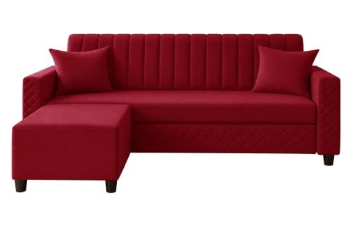Image of 3 Seater Velvet Sofa with Ottoman | Modern Upholstered Couch | Quilted Design | Soft Comfortable Seating | Sturdy Wooden Frame | Living Room, Office - Red