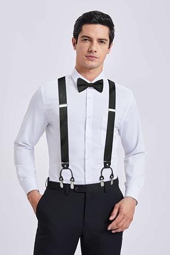 Image of HISDERN Suspenders for Men Paisley Floral Bow tie Suspender Pocket Square Sets Adjustable Y Shape 6 Clips Wedding Braces