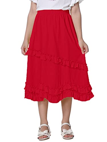 Unacoo Girls Skirts Combed Cotton Casual Midi Swing Skirt Soft Flowy Long Skirts Tiered Ruffle Maxi Skirts Girls Outfit Kids With Elastic Waist For 3-4 Year Red Xs #TOP29