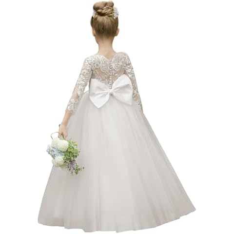 MCieloLuna Lace Girls Wedding Dresses for Girls Long Slevee Toddler Kids Flower Girl Dresses for Wedding Formal Bridesmaid Party First Communion Dress Bow-Knot Back Princess Ball Gowns Ivory Size 6 Cover