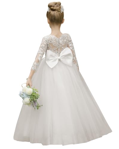 MCieloLuna Flower Girls Lace Tulle Dresses Toddler Kids Wedding Formal Bridesmaid Party First Communion Dress Bow-Knot Back Princess Ball Gowns Ivory 06