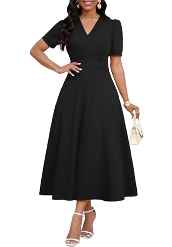 Image of MarryUP Women's Midi Dresses - V Neck Cocktail & Church Tea Dresses - Short Sleeve A-Line Swing Dress
