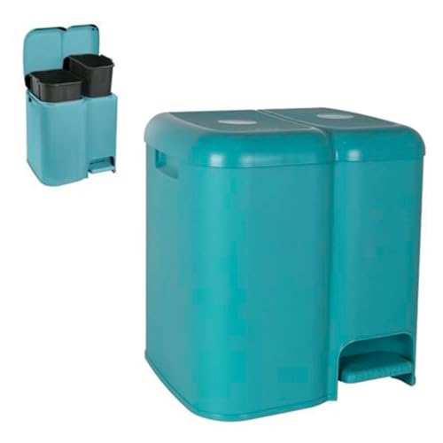 ACAN Tradineur - Cubo de basura doble de plástico con tapa, papelera, fácil apertura con pedal, contenedor almacenamiento de residuos, reciclaje, cocina (Azul, 25 litros, 41,5 x 39 x 32 cm)