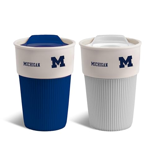 The Memory Company Officially Licensed NCAA - University of Michigan 2-Pack 10oz Ceramic Travel Mugs with Silicone Wrap