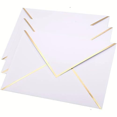 DUZEPA 50 sobres blancos de lujo de 13,5 x 18,5 cm con solapa en V y borde dorado para bodas, fiestas e invitaciones.