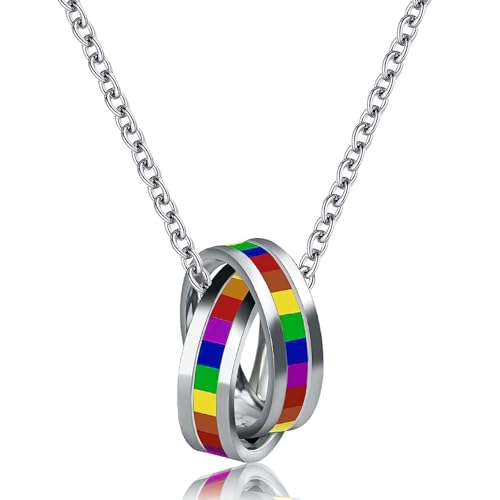 Hillylolly Collar Lgbt Gay Pride Acero Inoxidable Mujer Hombre, Collar Gay Pride, Colgante Arcoiris Plata con Colgante, Accesorios Lgbt-60cm Cadena (Anillo)
