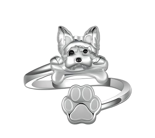 German Shepherd, Yorkie, Pug Dog Paw Adjustable Ring, Sterling Silver, Paw Print Design with Crystal Accents - Christmas, Birthday, or Party Ring