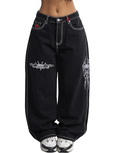 Image of EMMIOL Women Hip Hop 90s Vintage Baggy Jeans Denim Pants Mid Waist Jeans