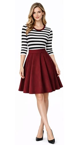 Image of BI.TENCON Women's Striped Pleated Casual A-Line Dresses Knee Length with Pockets
