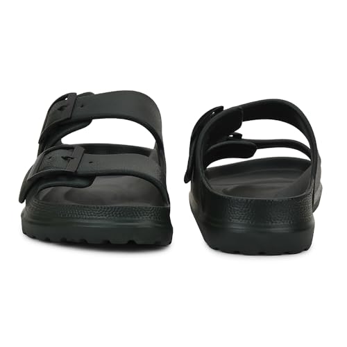 Image of Liberty A-HA COMMIT Slippers for Men - Black, Light Grey & Olive Green | Casual Slip-on Flats /Slippers Footwear - Buckle Closure | Casual Outdoor Chappal, Monsoon, Rainy Season Footwear for Man