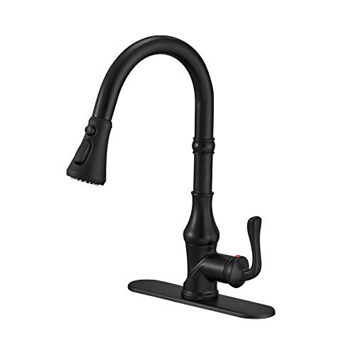 Best Seller BWE Kitchen Faucet Matte Black with Pull Out Sprayer 3 Spray Modes Farmhouse Single Handle Singe Lever Gooseneck High Arc Kitchen Sink Faucet with Deck Plate Lead-Free Commercial Bar Kitchen Faucets