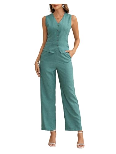 Women's 2 Piece Work Office Outfit Elegant Bow Tie Button Up Suit Vest and Pants Set