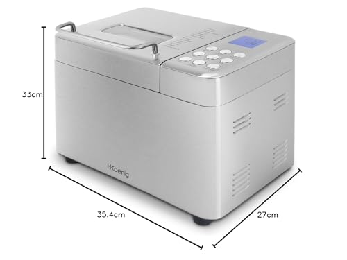 H.Koenig BAKE440 Brotmaschine, 15 Programme, 3 Brotgrößen, bis zu 1 kg Brot, Startvorwahl/Warmhaltefunktion, Müsli-Spender, abnehmbarer Behälter, antihaftbeschichtet, LCD-Display, 600 W