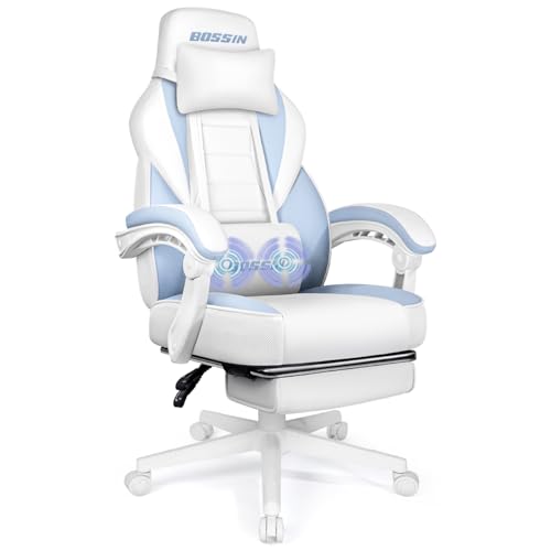 BOSSIN Gaming Chair with Massage Ergonomic Heavy Duty Design with Footrest and Lumbar Support Large Size Cushion High Back Office Chair Big and Tall Gaming Computer Chair for KidsWhite and Blue