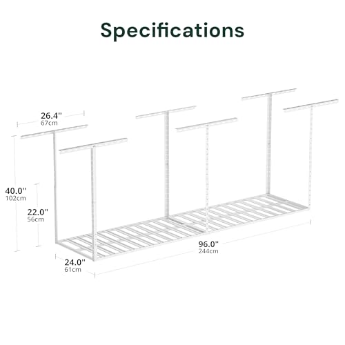 Image of SunsGrove 2x8 Garage Overhead Storage Rack, Adjustable Heavy Duty Hanging Garage Storage Shelves, Ceiling Mounted Storage Racks, 800LBS Weight Capacity, 22 inch-40 inch Ceiling Dropdown, 2 Packs, White