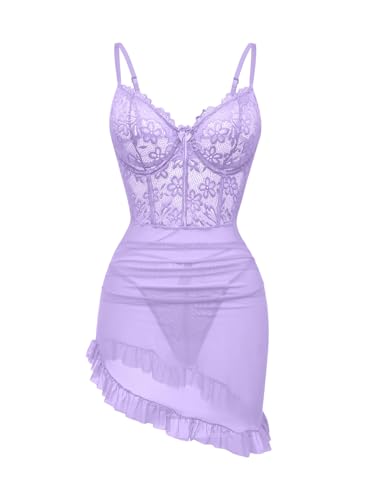 Image of Foxiny Sexy Corset Bodycon Ruffle Sheer Underwire Mesh Lace Floral Outfits Babydoll Lingerie Set Dress with Thong 2 Piece
