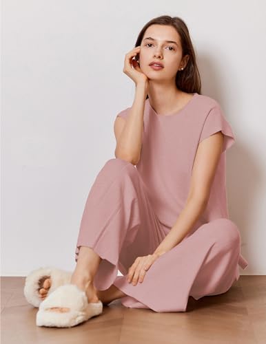 Image of Ekouaer Lounge Sets for Women Two Piece Outfits Knit Cap Sleeve Tops Wide Leg Pleated Pants Casual Dressy Sweater Sets