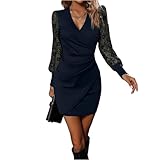 Cocktailkleid Damen Abendkleider Elegant Partykleid Spitze Langarm Herbstkleid Damen Midi Spitzenkleid V-Ausschnitt Tunika Kleid Elegante Kleider A-Linie Winterkleid