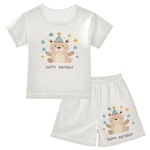 Bear Holding Stars Ivory Pajama Set Short Sleeve PJ Set Cotton Summer Pajamas Sleepwear Soft 5Y
