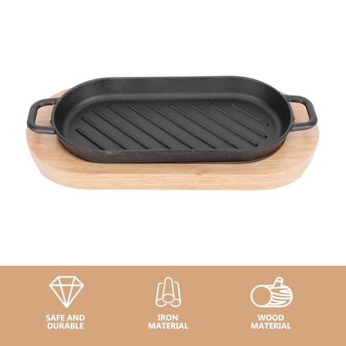 Plato parrilla rectangular de hierro POPETPOP con bandeja de madera para mantener comida caliente 8