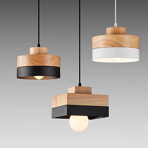 Lámpara colgante de madera con base redonda blanca y diseño rústico 4