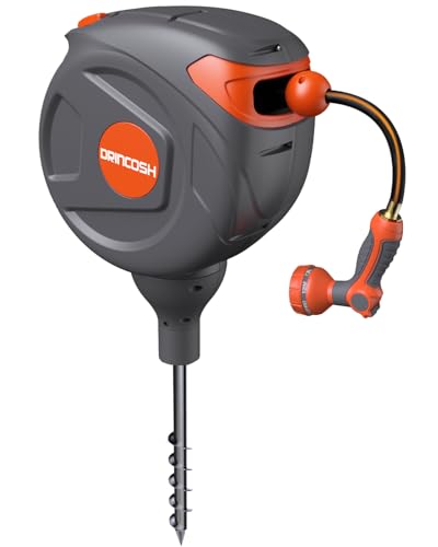 DRINCOSH Ground Mounted Retractable Garden Hose 5/8 50ft Freestanding Outside Hose Reel with 360° Swivel No Drill Holes Easy Installation
