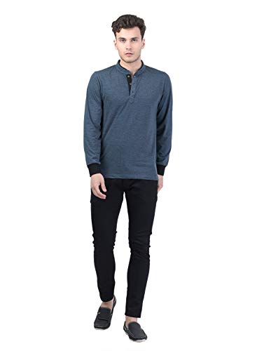 Image of Kalt Men's Full Sleeves Cotton Blend Mandarin Collar T-Shirt(Dark Blue Melange)