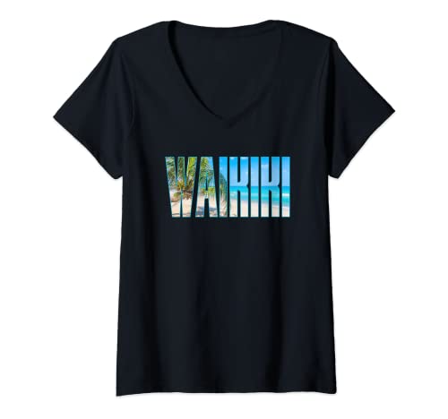 Womens Waikiki Hawaii T Shirt Souvenir Family Beach Summer Vacay V-Neck T-Shirt