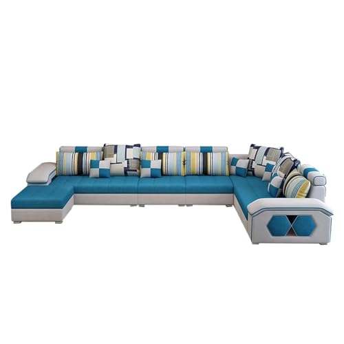 Image of Torque Silvester 12 Seater Sofa Set for Living Room (Blue) | Interchangeable U Shape Sectional Sofa | Solid Wood Frame & High-Density Supersoft Foam | Includes Puffy & Stool | Modern Home Furniture
