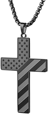 Stainless Steel Black Cross Necklace for Men Boys 18K Real Gold Plated American Flag Pendant Chain Bible Verse Inspirational Necklaces 18 Inches
