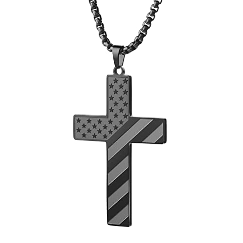 Stainless Steel Black Cross Necklace For Men Boys 18K Real Gold Plated American Flag Pendant Chain Bible Verse Inspirational Necklaces 18 Inches #TOP26