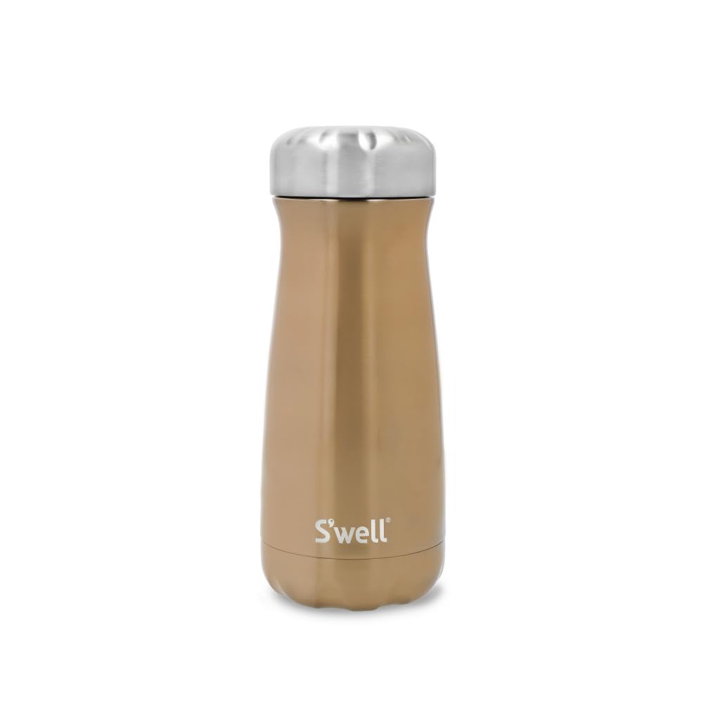 S'well Traveler Drinks Bottle, Pyrite, 470ml. Vacuum-Insulated Travel Bottle Keeps Drinks Cold and Hot - BPA-Free Stainless Steel Water Bottle, Gold