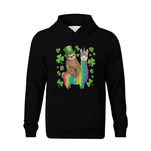 Kids Funny St Patricks Day Sloth Riding Llama Unicorn Boys Girls Lightweight Kangaroo Pocket Fleece Hoodies2