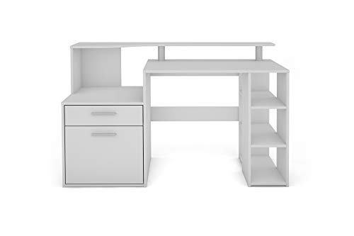 HOMEXPERTS Schreibtisch LARRY / Inkl. 1 Tür + 1 Schubkasten + 3 offenen Fächern / Weiß / Computertisch / XXL-Tisch / Arbeitstisch / Holztisch / Bürotisch / 140 x 89 x 55 cm (BxHxT)
