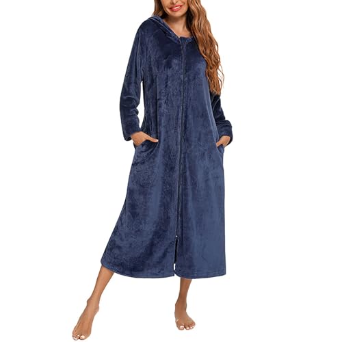 Flodxo Bademantel mit Reißverschluss für Damen, flauschig, Fleece, superweich, Kapuze, Plüsch, lange Länge, warm und gemütlich, Loungewear