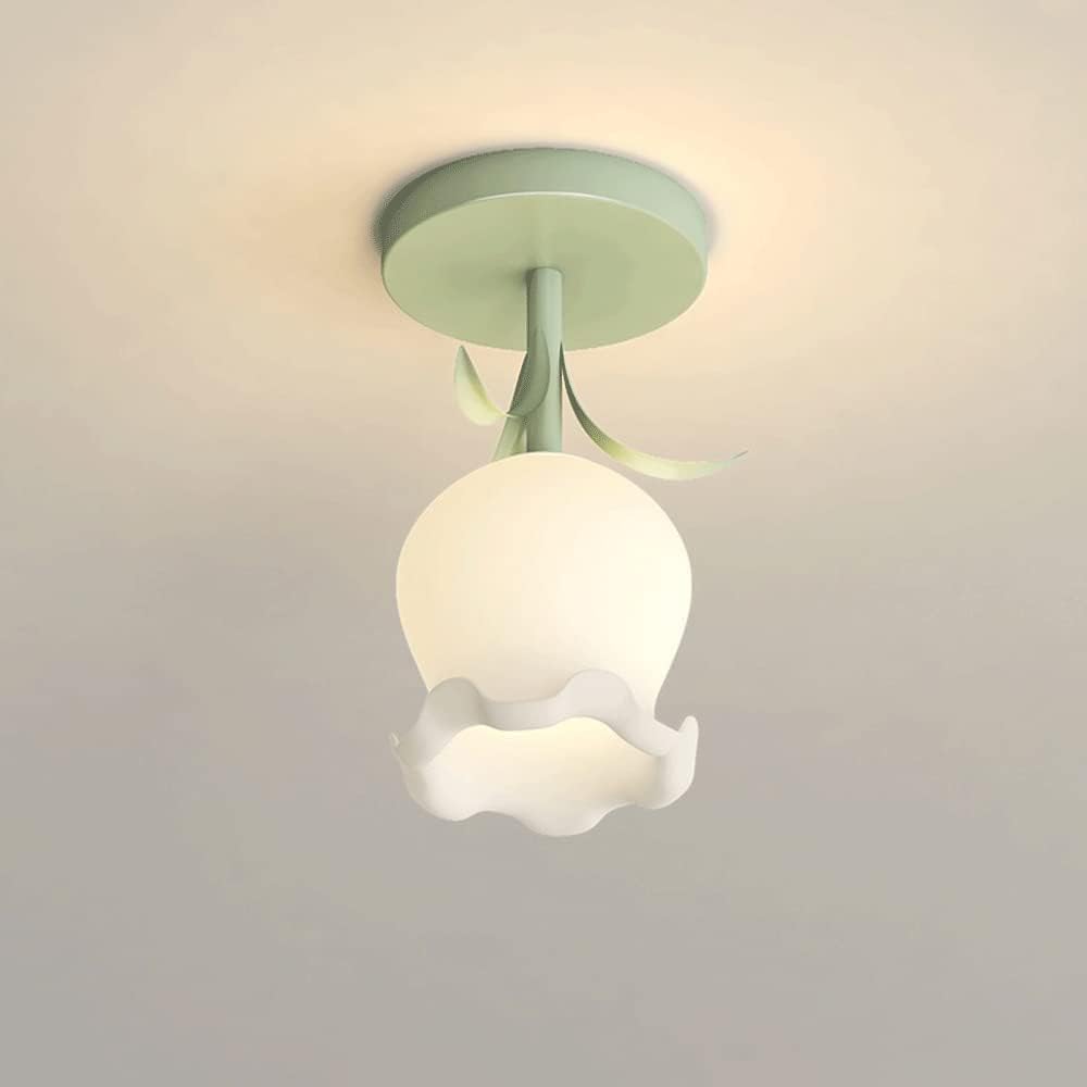 Vintage Green Glass Ceiling Light White Flower Shade Hallway Lights Fixture Ceiling Small Close to Ceiling Light Nordic Farmhouse Modern Entry Ceiling Light for Kitchen Island Bathroom Foyer