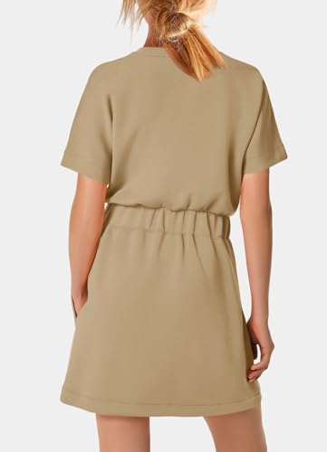 Image of SENSERISE Womens Short Sleeve T Shirt Dresses Crew Neck Solid Color Basic Smocked Waist Dress with Pockets