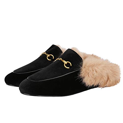Fur Mules For Women Leather Slip-On Rabbit Furny Loafers Comfort Flats Slide Casual Shoes Black Velvet #TOP1