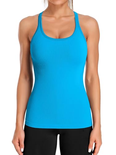 ATTRACO Ribbed Workout Tank Tops for Women with Built in Bra Tight Racerback Scoop Neck Gym Vest Light Blue S