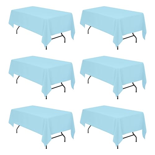 Image of BRILLMAX 6 Pack Light Blue Tablecloths 60 x 102 Inch for 6ft Rectangle Tables - 150 GSM Polyester Fabric, 15 inch Standard Drop, Water, Stain & Wrinkle Resistant Cloth Cover for Wedding Dining Buffet