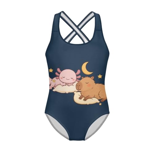 Image of Girls One Piece Swimsuit Axolotl Cross Back Straps Bathing Suit Lightweight Quick Dry Gymnastics Leotard