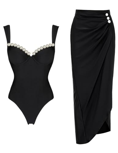 FLAXMAKER Black Double Shoulder Straps Chest Pearl One Piece Swimsuit and Skirt
