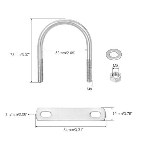 Image of uxcell Round U-Bolts, 8 Sets 53mm(2.09 inch) Inner Width 78mm Length M8 304 Stainless Steel U Clamp Bolt with Nuts and Plates, for Boat Trailer