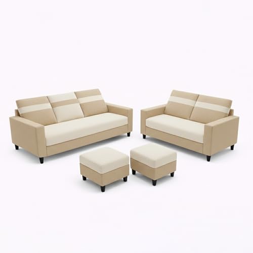 Image of Heaven Dual Tone Plush Velvet 3 Seater + 2 Seater Sofa Set with 2 Ottoman | Silken Velvet Suede Upholstery | Designer Sofa for Living Room & Office Spaces (Beige & Cream)